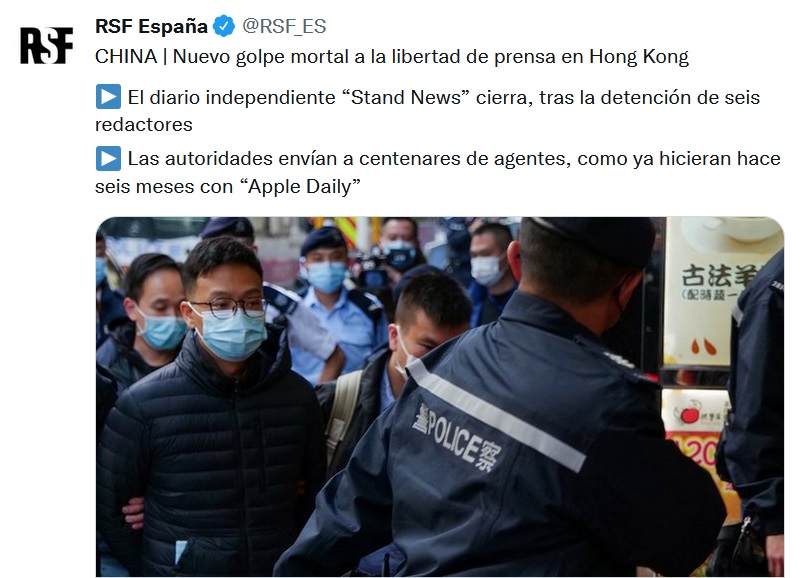 Tuit-RSF-periodistas-detenidos-Hong Kong