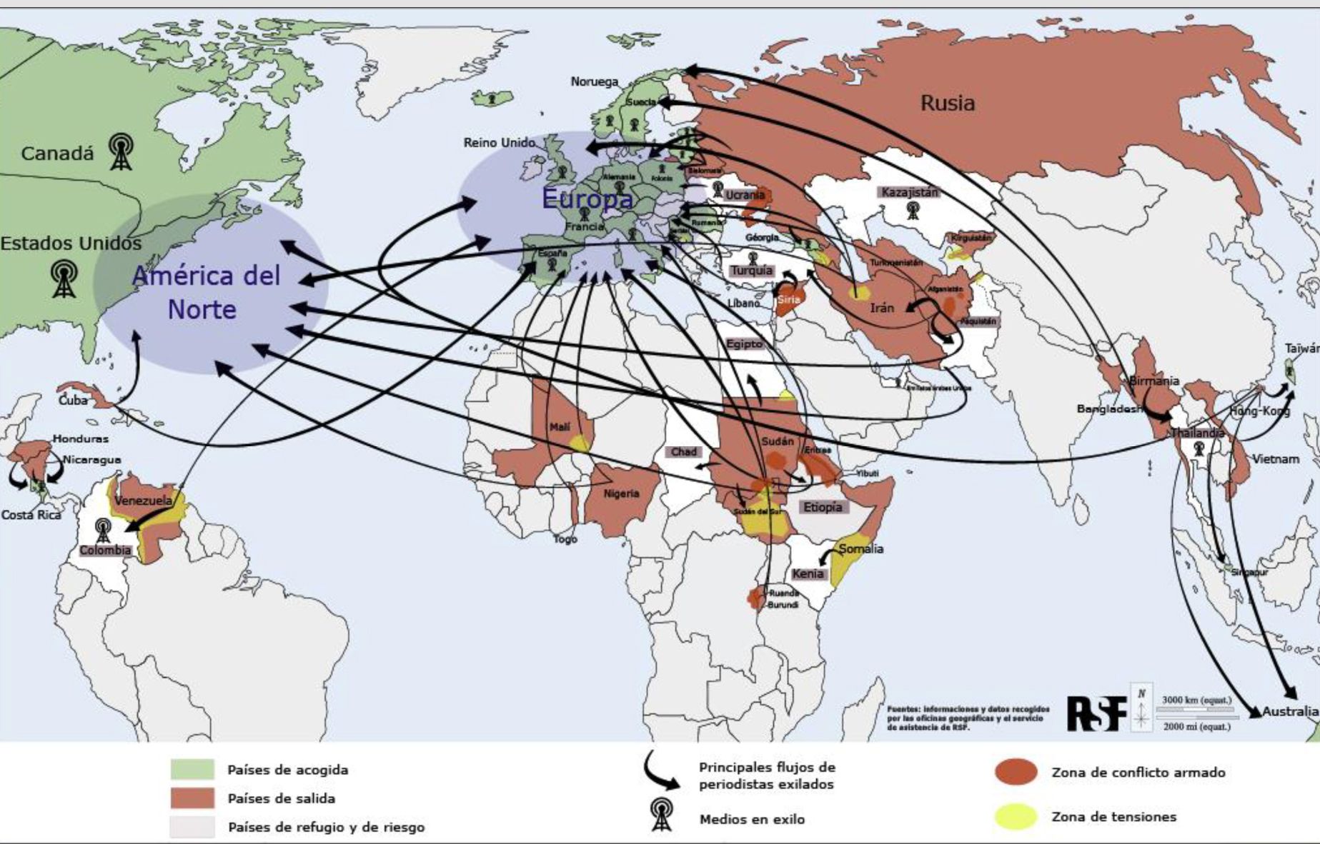 Mapa de los flujos migratorios de los periodistas. Fuente: RSF